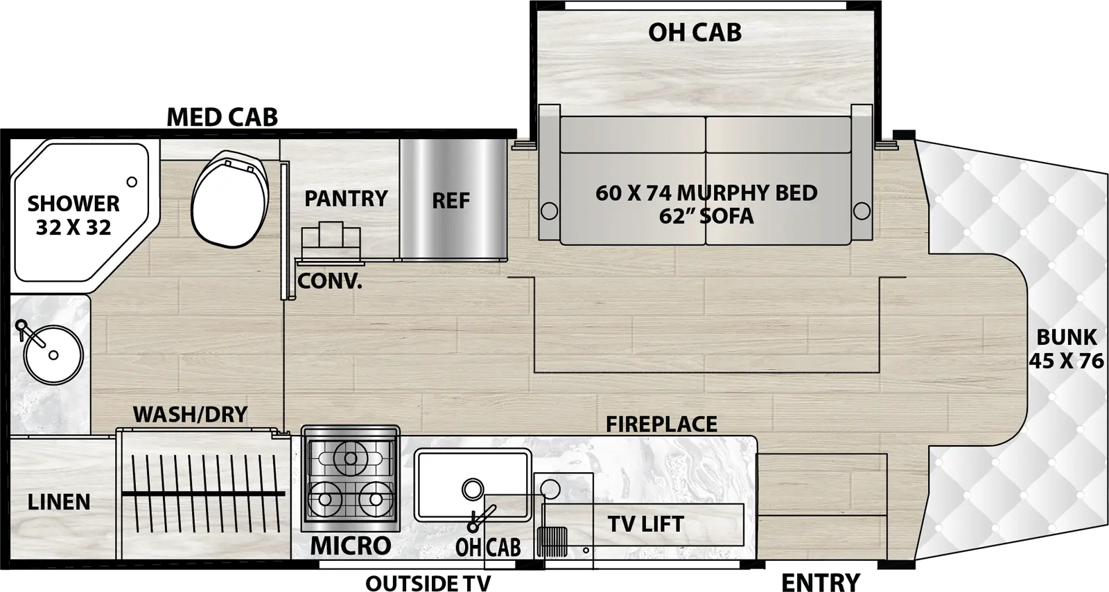 The 24MBS has one slideout and one entry. Exterior features an outside TV. Interior layout front to back: Front cab with cab-over bunk, off-door side slideout with overhead cabinet and murphy bed sofa; door side entry, fireplace with TV lift, sink, overhead cabinet, microwave and cooktop; off-door side refrigerator and pantry; bathroom with off door side shower, toilet and medicine cabinet, rear sink, and door side linen closet, and closet with washer/dryer.
